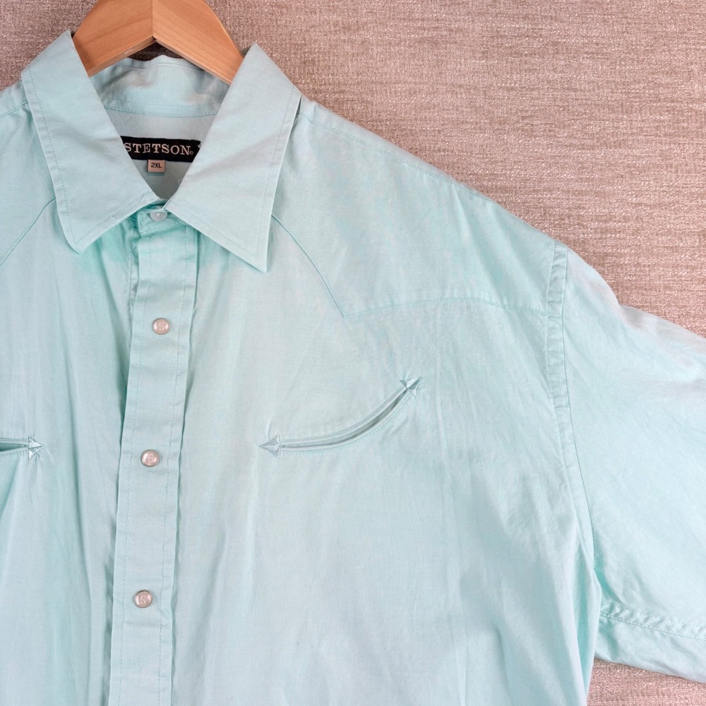 Stetson Mens 2XL Western Pearl Snap Shirt Aqua Blue Smile Pockets Cowboy